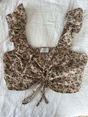 Urban Outfitters Olive Floral Ruffle Tie-Front Crop Top with Pink Accents